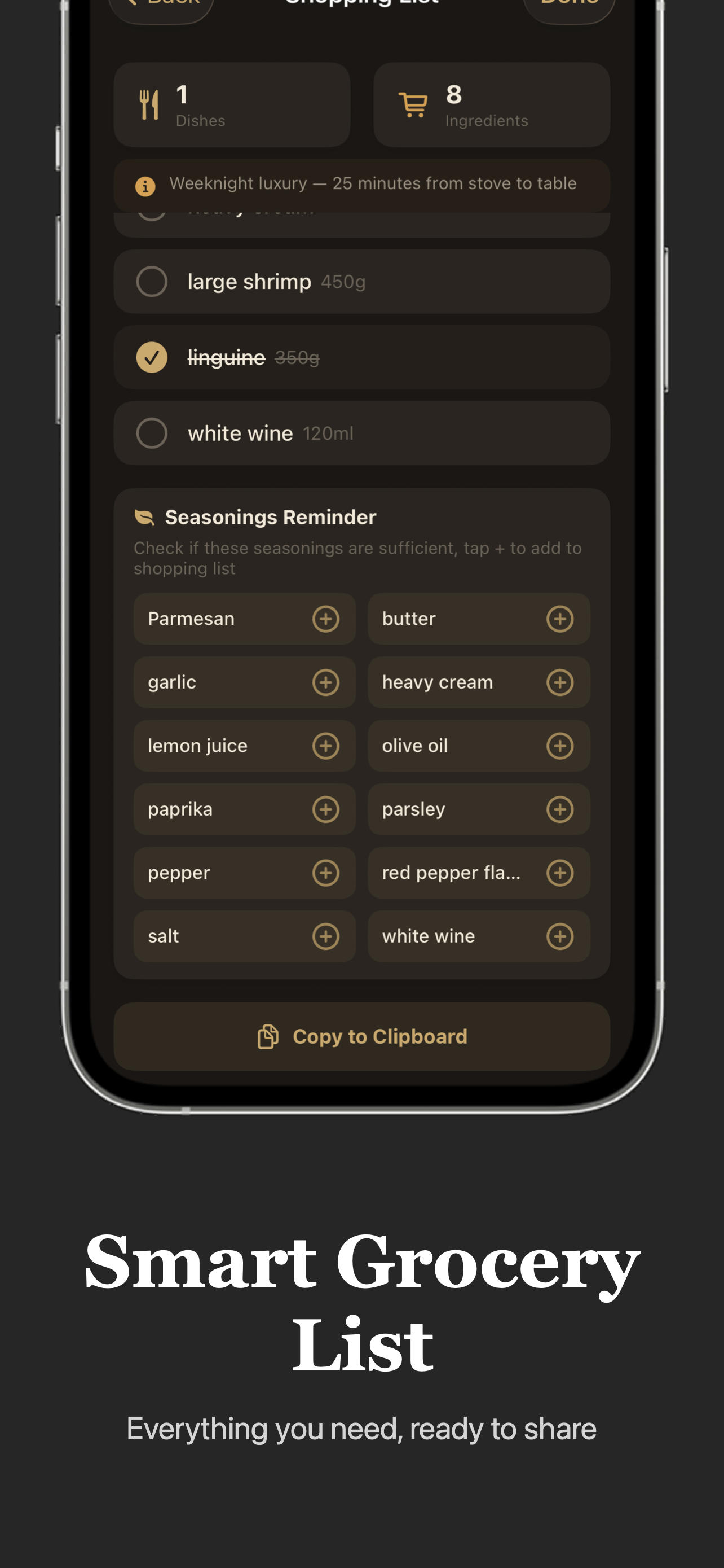 Cookey smart grocery list screen